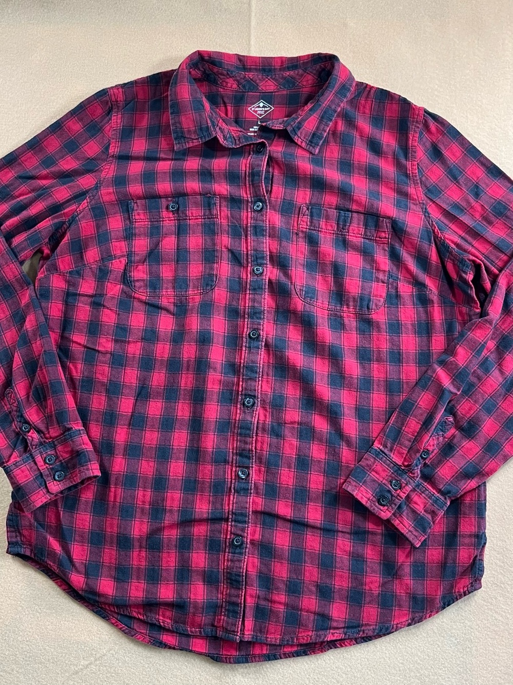 St John’s Bay Women’s Flannel Shirt Large Red Black Plaid 100% Cotton Button Up
